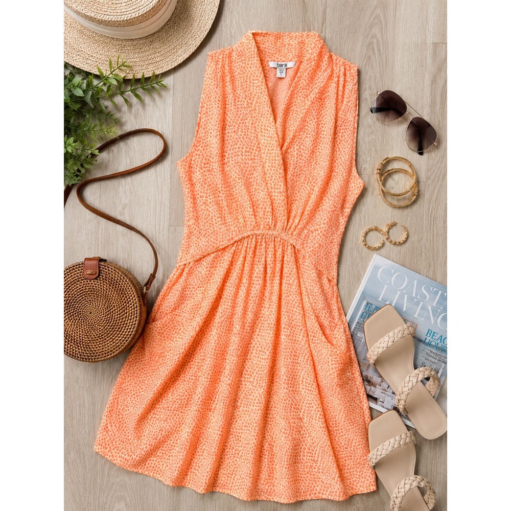 Bar III Womens Orange Dot Print Surplice V-Neck Sleeveless Mini Dress Size S